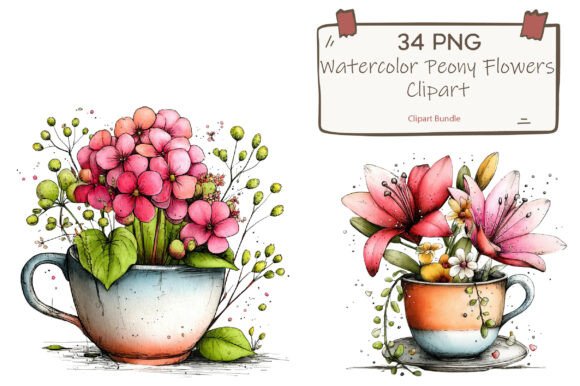 Elevating Digital Design with Whimsical Floral Teacups Clipart PNG