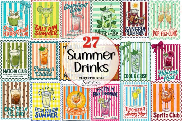 Summer Drinks Postage Stamp Clipart: Elevate Your Creative Projects with Retro Beverage Designs