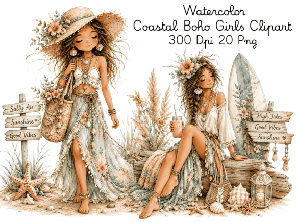 Watercolor Coastal Boho Girls Clipart Bundle: Elevating Your Creative Projects with Beachy Vibes